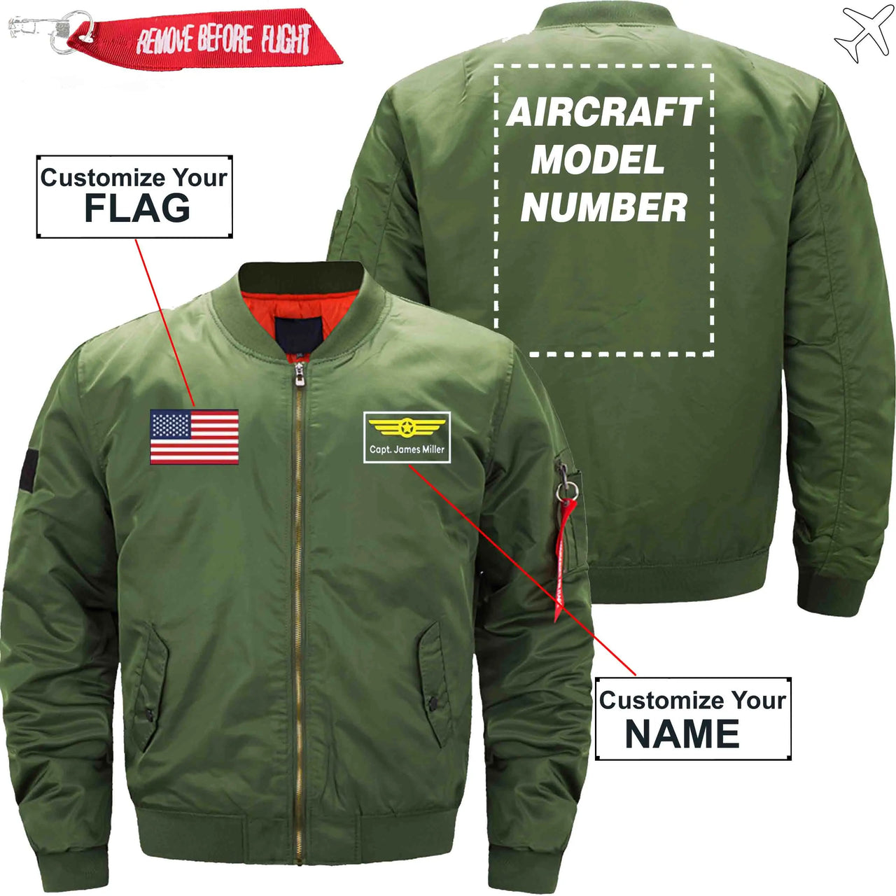 CUSTOM FLAG & NAME WITH AIRCRAFT MODEL NUMBER - JACKET THE AV8R